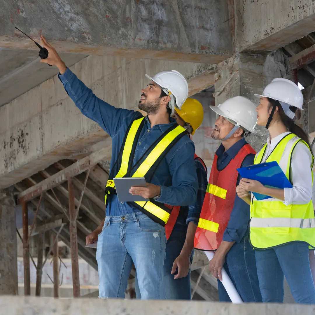 Four construction workers in a building site looking up to the ceiling with one of them pointing