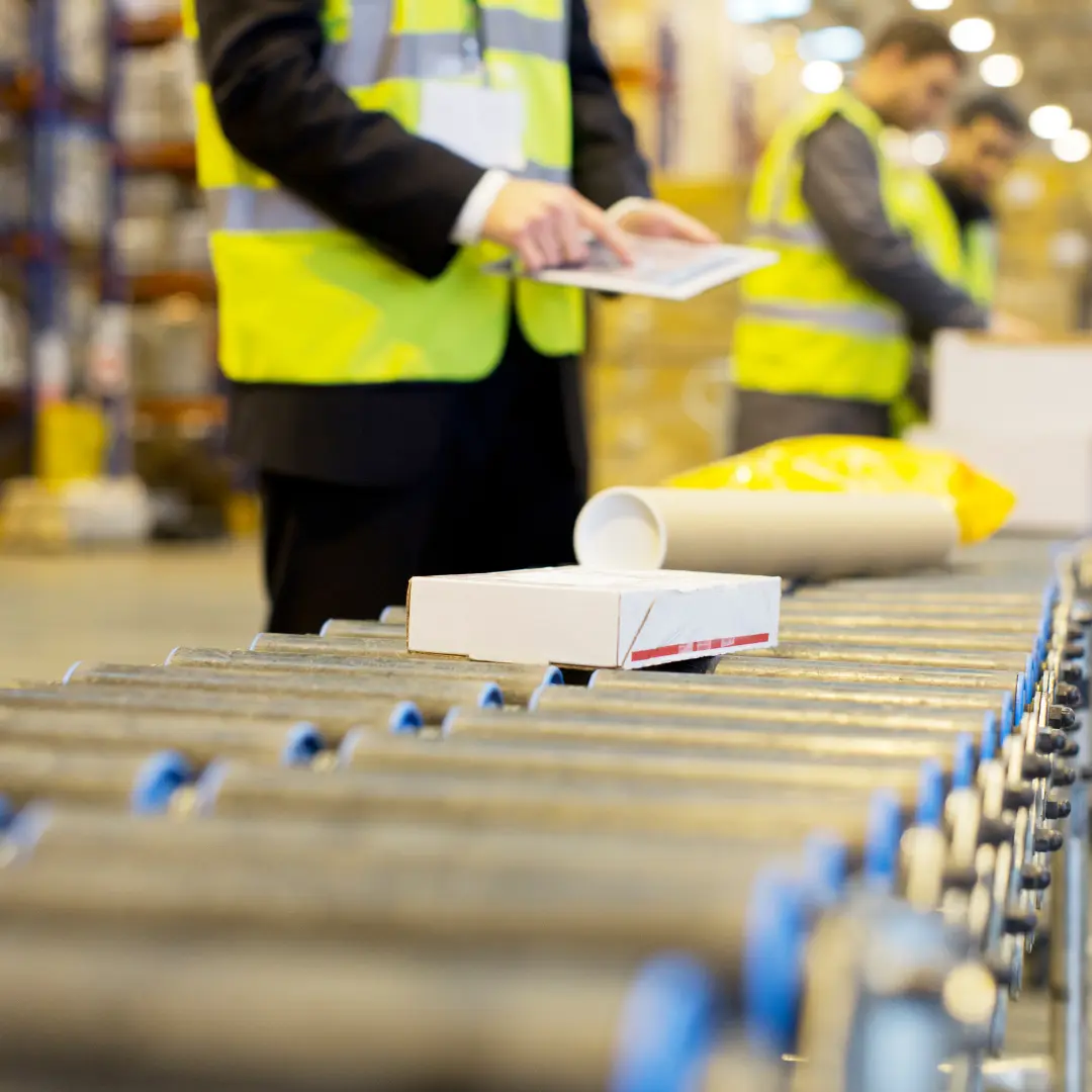 Blurred background of a warehouse with a conveyor belt