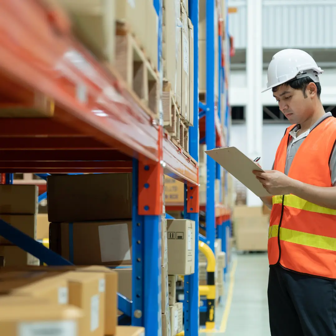 Worker in a warehouse looking at a checklist