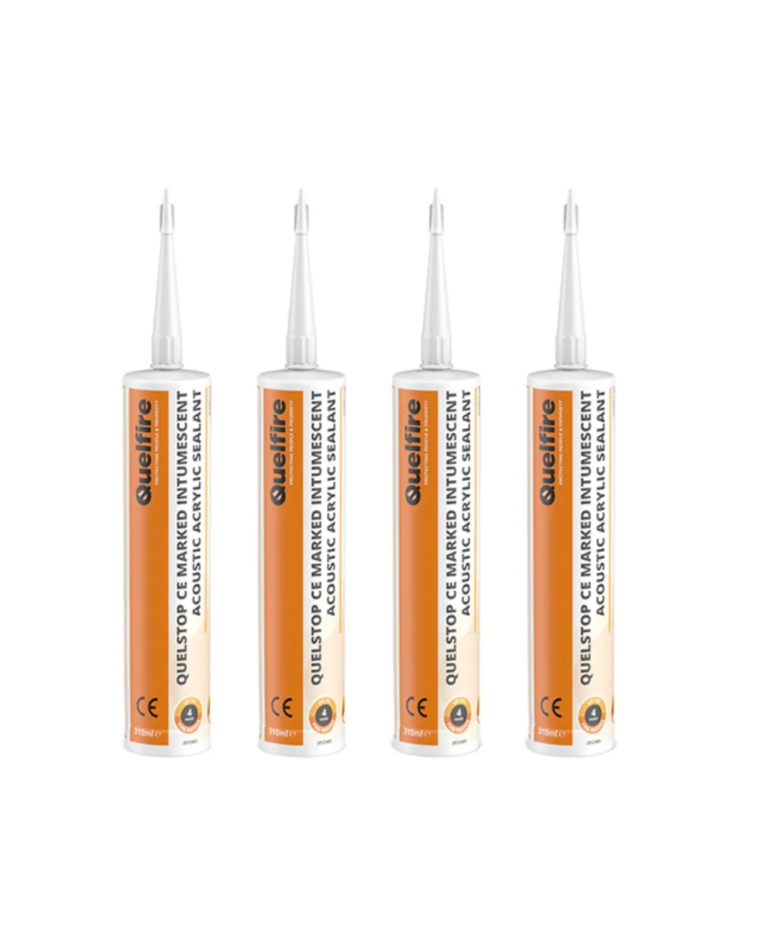 Four Quelfire fire protection products standing up beside each other
