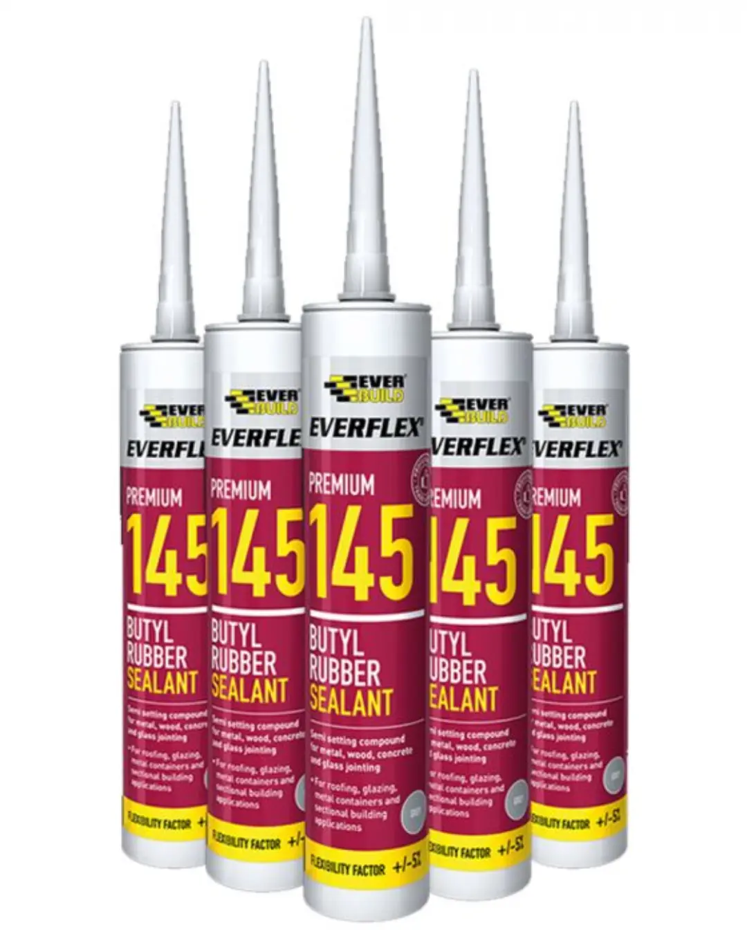 Five Everbuild sealants and adhesives standing in a triangle