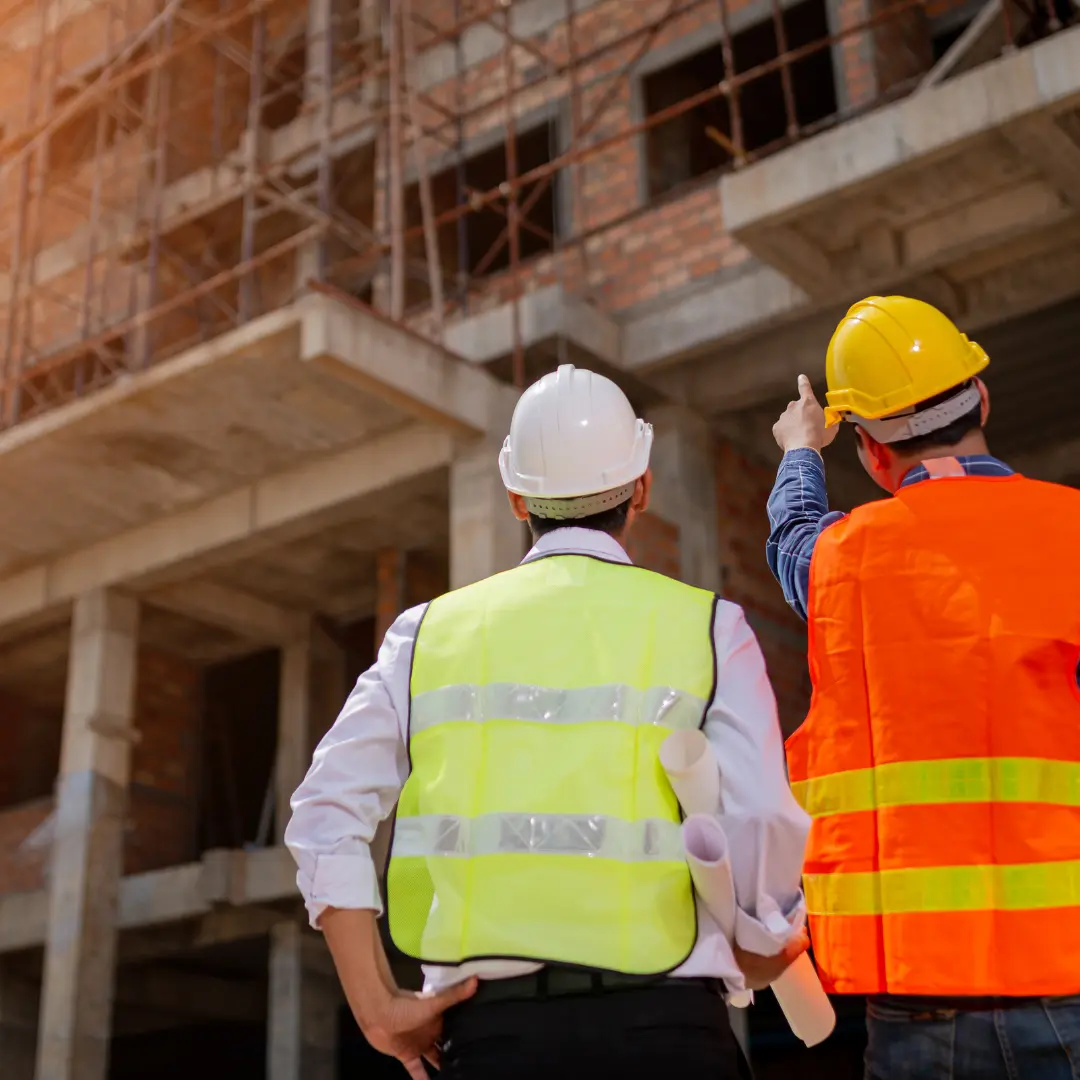Two men in construction gear looking up at a building currently under construction. One of them is pointing up at the building
